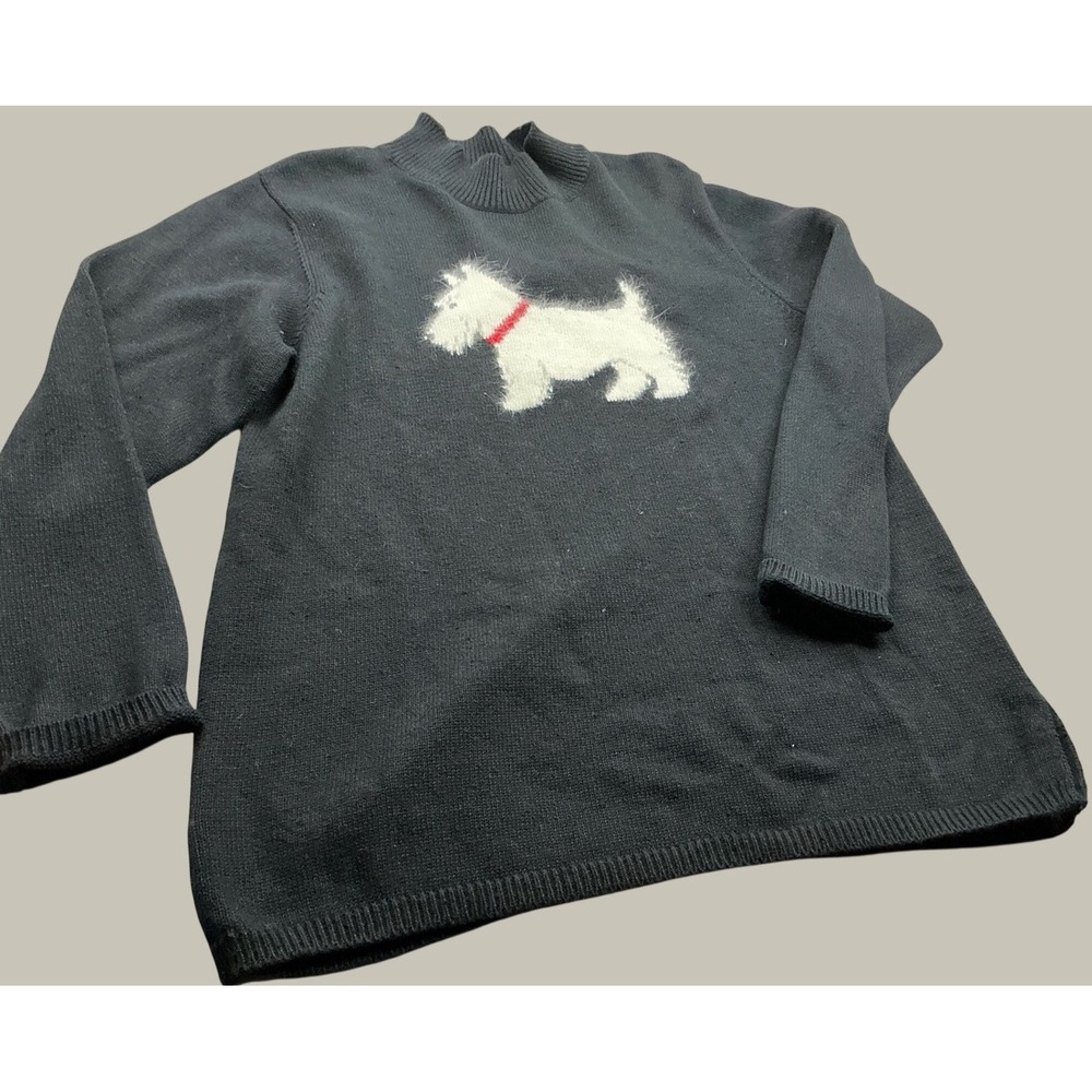 Coldwater Creek Vintage Scottie Dog Mock Neck Sweater Large Black Ramie Cotton